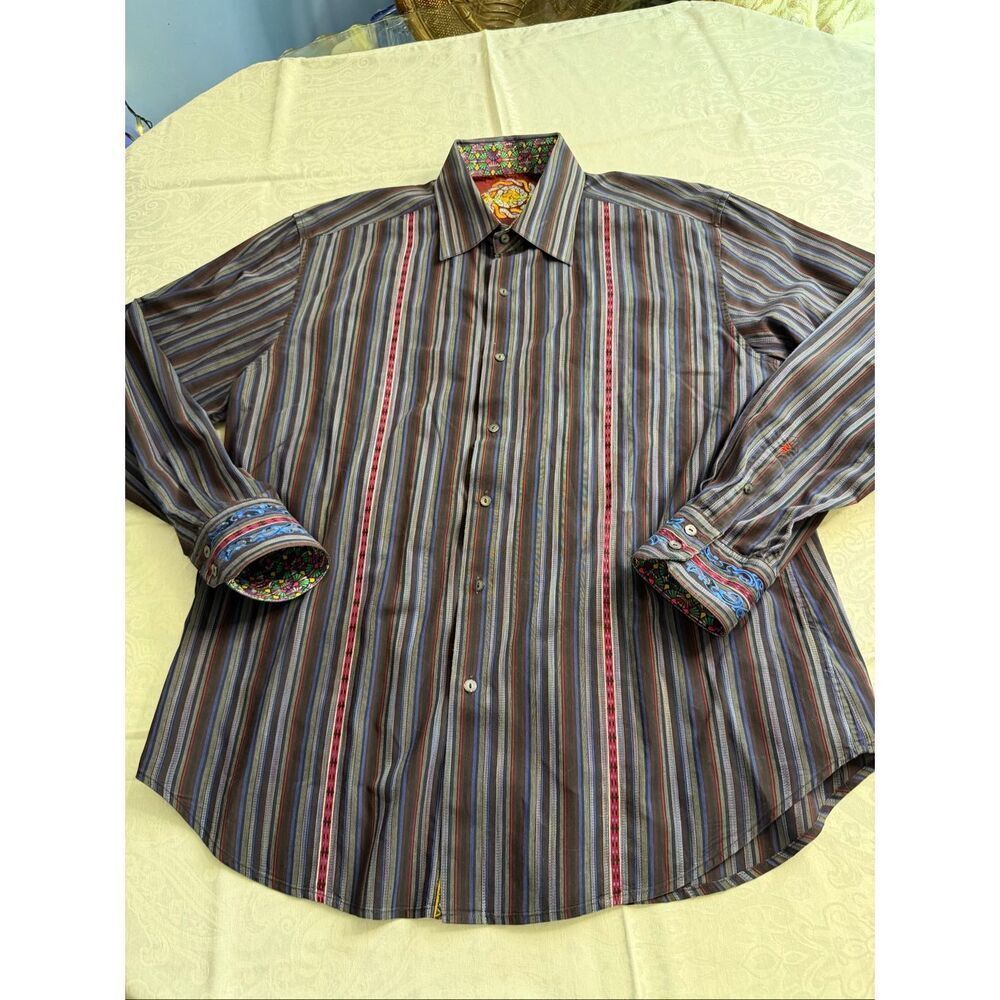 Robert Graham Flip Cuff Shirt Mens 2XL XXL Purple Stripe Long Sleeve Button